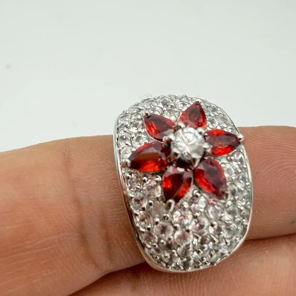 Vtg Sterling Silver 925 Ruby & White Topaz Ring Dome Pave Sz 7 HSN QVC Kelly Ann